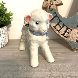 Vintage Japan Baby Lamb Planter with Blue Bow Statue Figurine